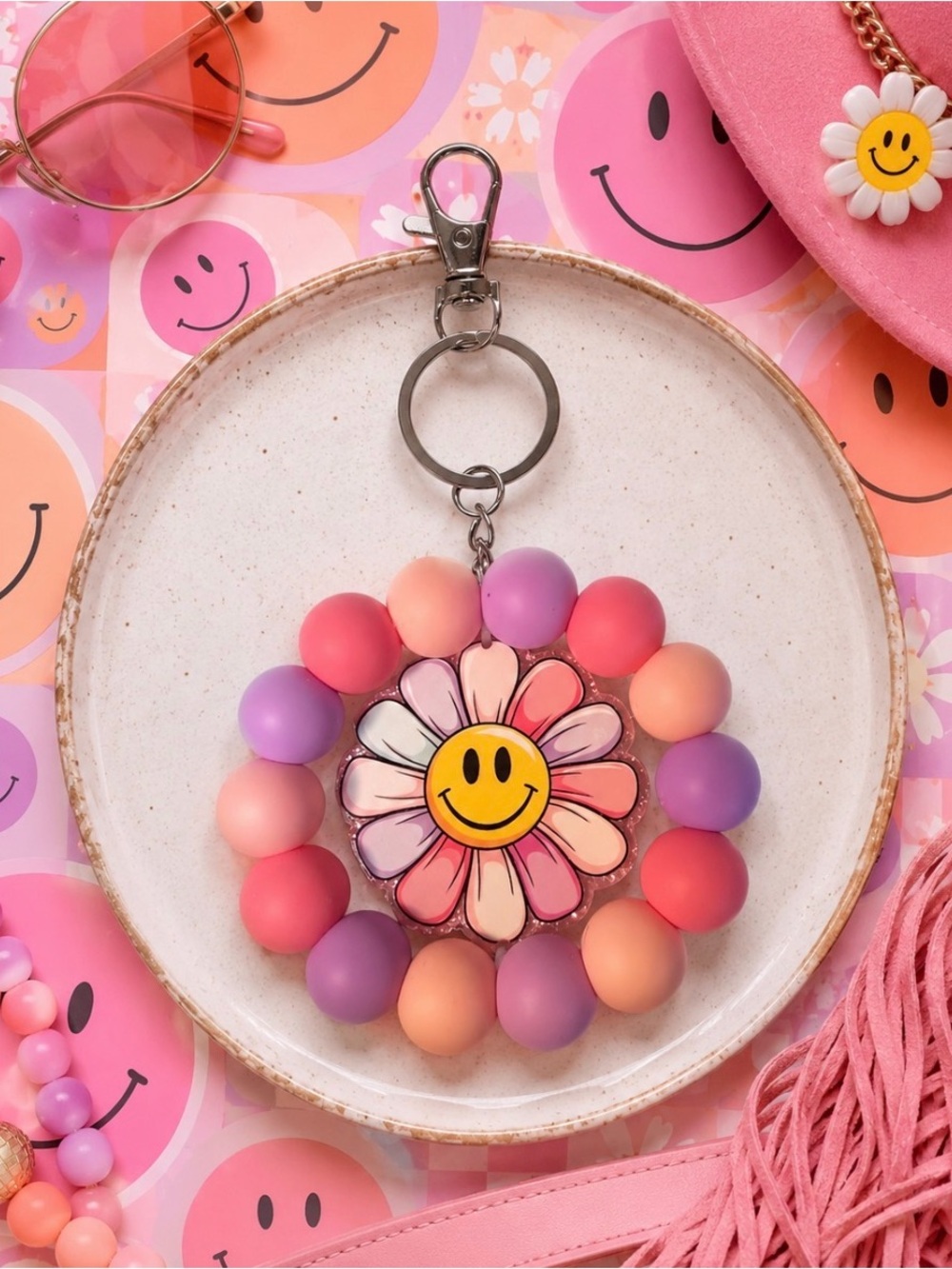 Hand Crafted Pink Purple Smiley Daisy Beaded Keychain